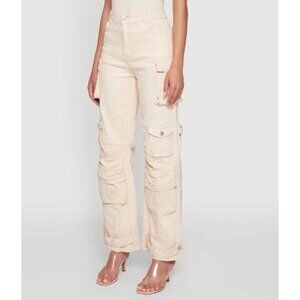 NEW Daisy Acid Wash High Waisted Wide Leg Cargo Jeans, Size L, Beige